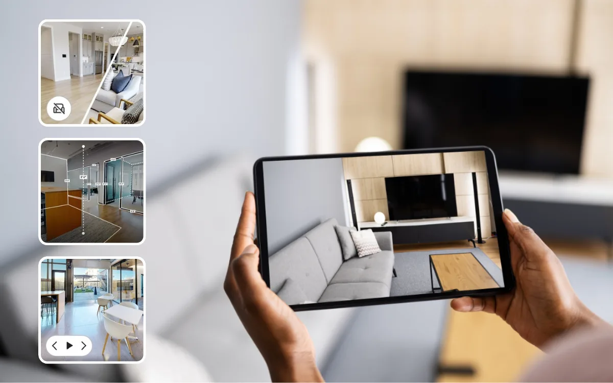 Tablet mit virtueller Tour und Funktionen wie Möbel entfernen, Messung und geführte Tour