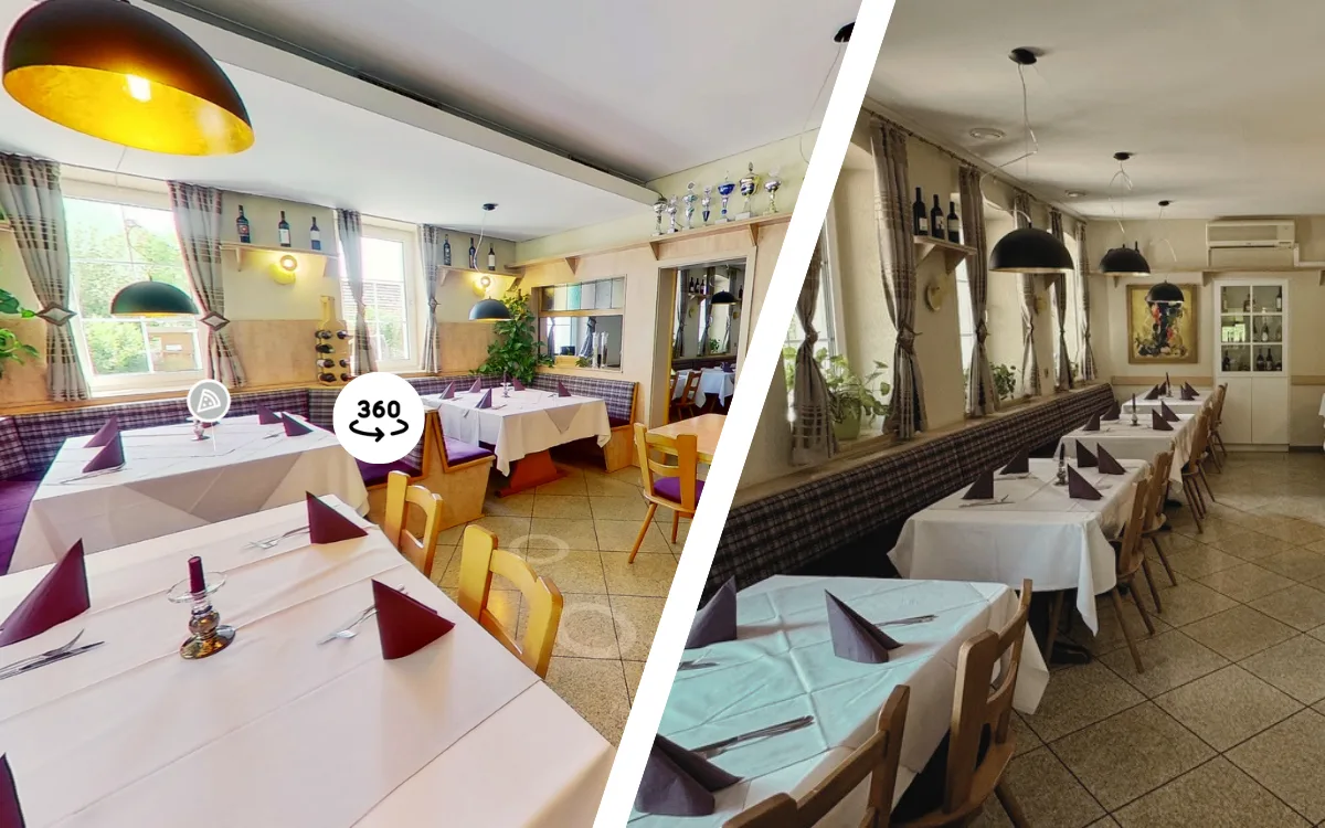 Gastraum eines Restaurants als 360-Grad-Tour und als normales Foto im Vergleich